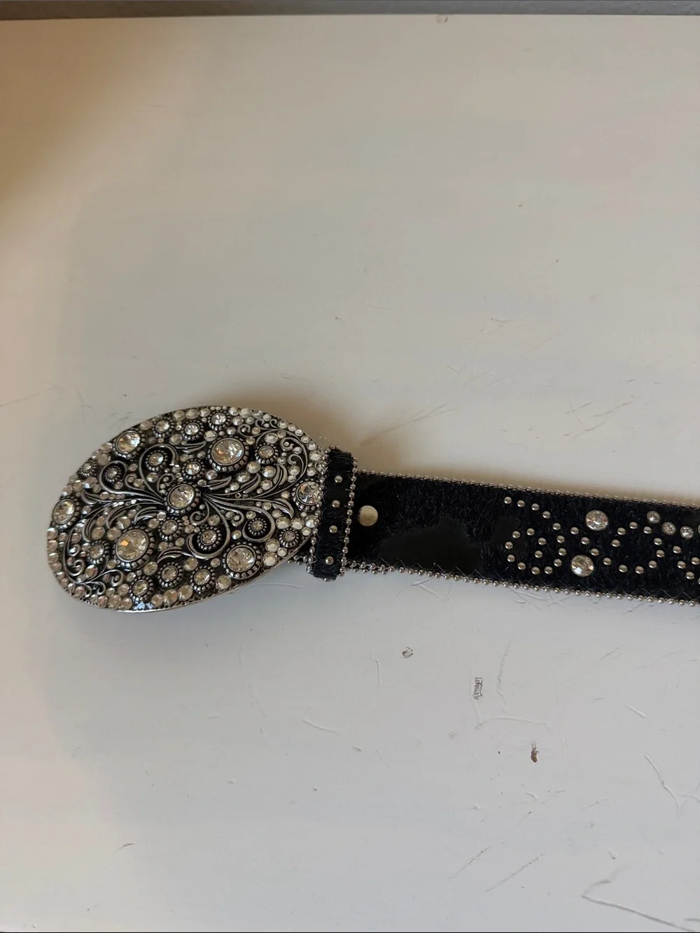 Nocona Western Black Leather Rhinestone Studded Belt M Ornate Crystal Buckle